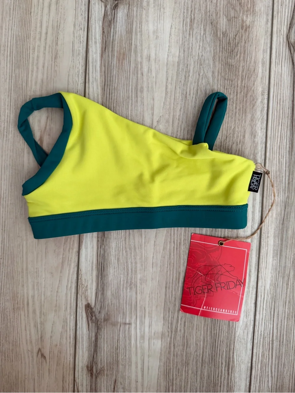SET!! Tiger Friday Girls' Neon Yellow & Teal One-Shoulder Swim Top